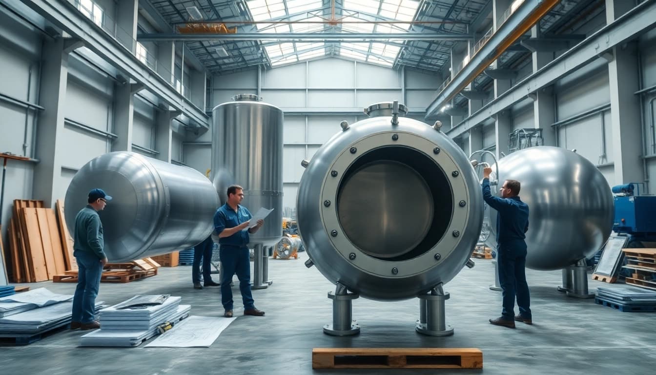 Engineers collaborating on Pressure Vessel Design in a modern industrial environment.