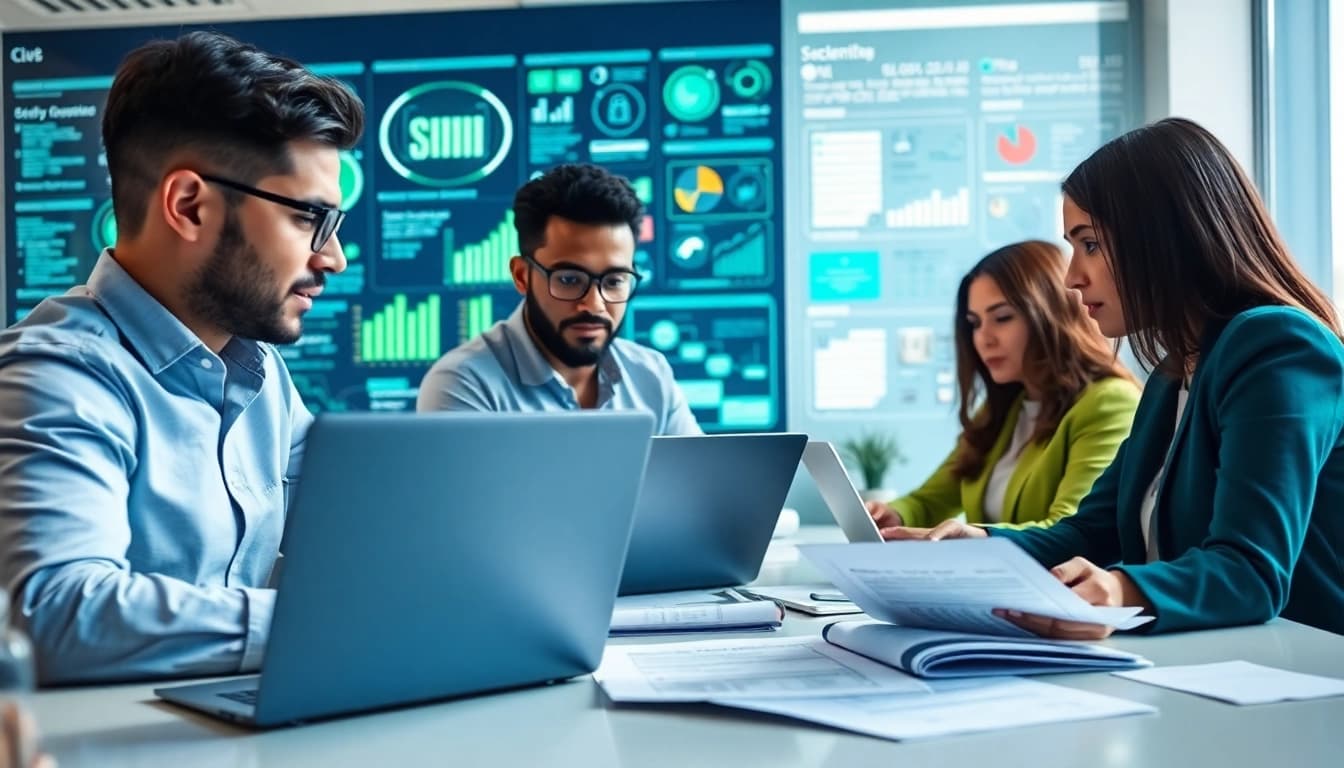 Reviewing the cyber essentials checklist with a diverse team for enhanced cybersecurity.