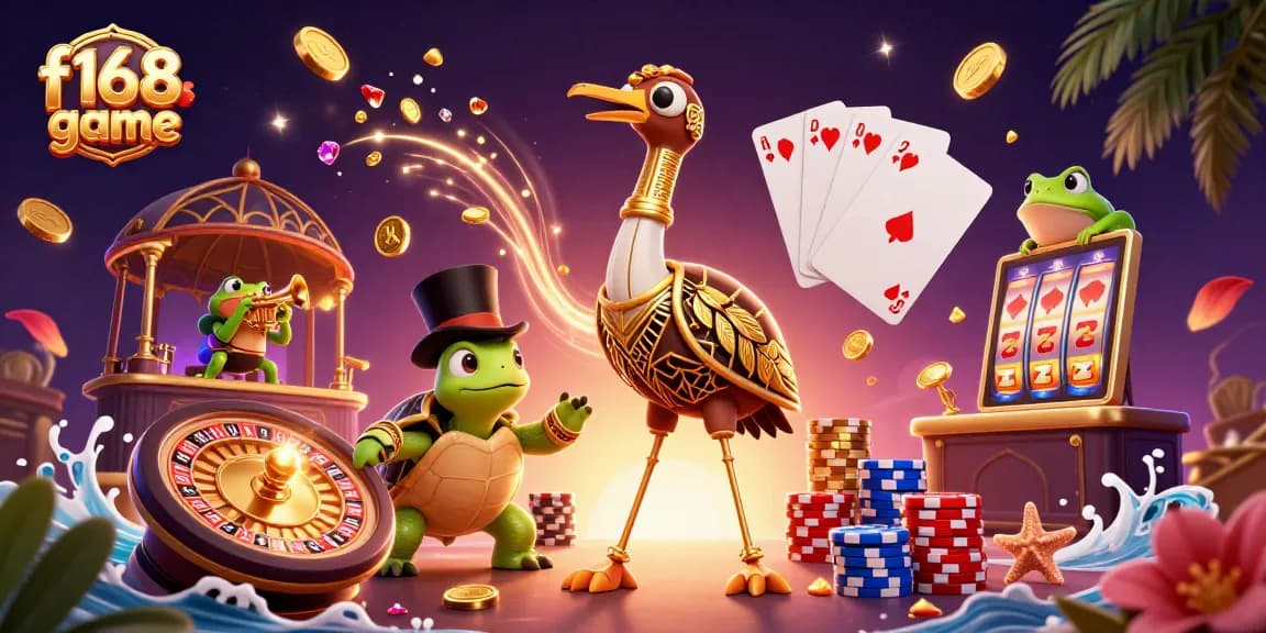 Grab winnings at the f168 game as characters celebrate with tokens, cards, and spins in a vibrant casino scene.