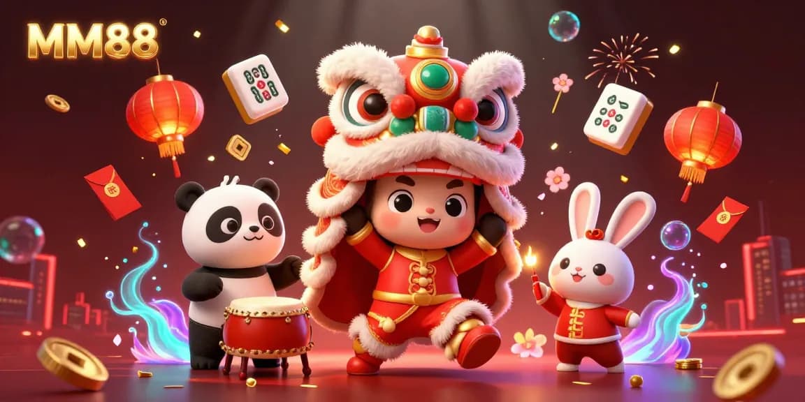 Engage with MM88’s action-packed gaming scene featuring exciting elements like golden coins and festive characters.