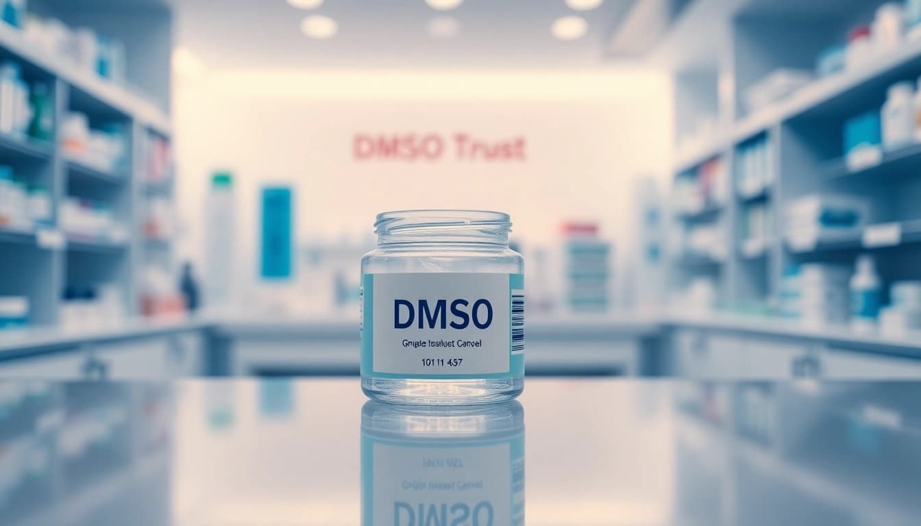 Showcasing dmso gel in a clear jar against a professional pharmacy setting, emphasizing purity.