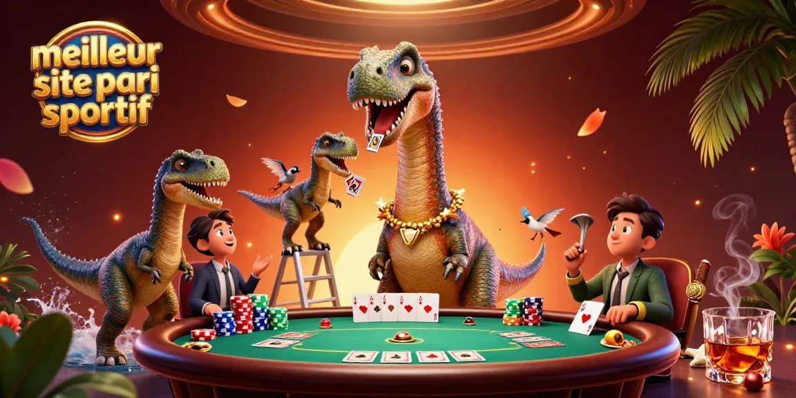 Le meilleur site de pari sportif : brontosaurus et raptor jouent aux cartes dans un casino.