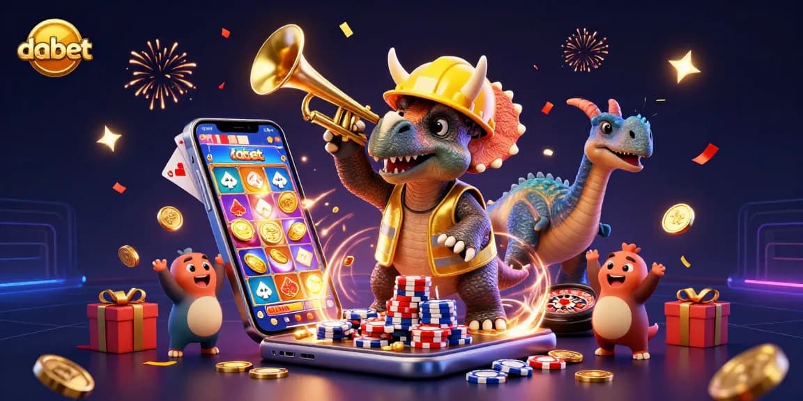 Dabet evokes excitement with a vibrant casino scene showcasing a lively triceratops and cheerful characters.