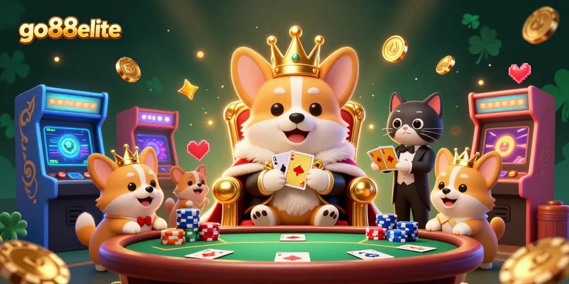 Experience the excitement of go88elite with a royal corgi and a cat butler in a vibrant casino scene.