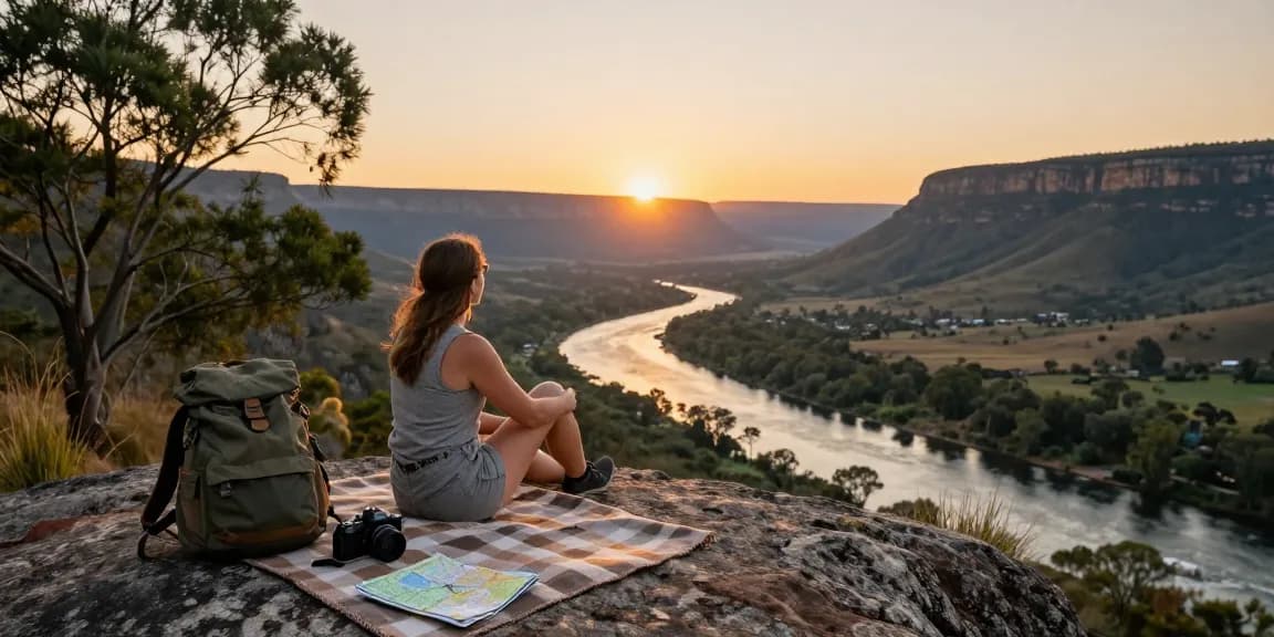 Enjoying a breathtaking view of Magaliesburg Accommodation during sunset, traveler with gear amidst nature.