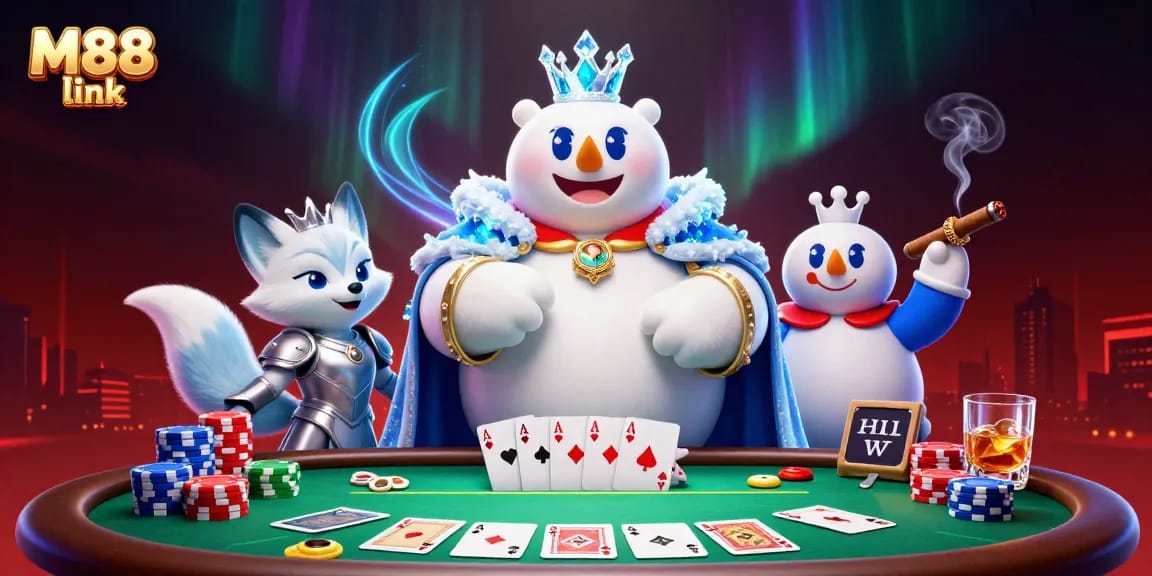 Experience the thrill of M88 link with a vibrant poker scene, showcasing an ice king polar bear and snow fox.