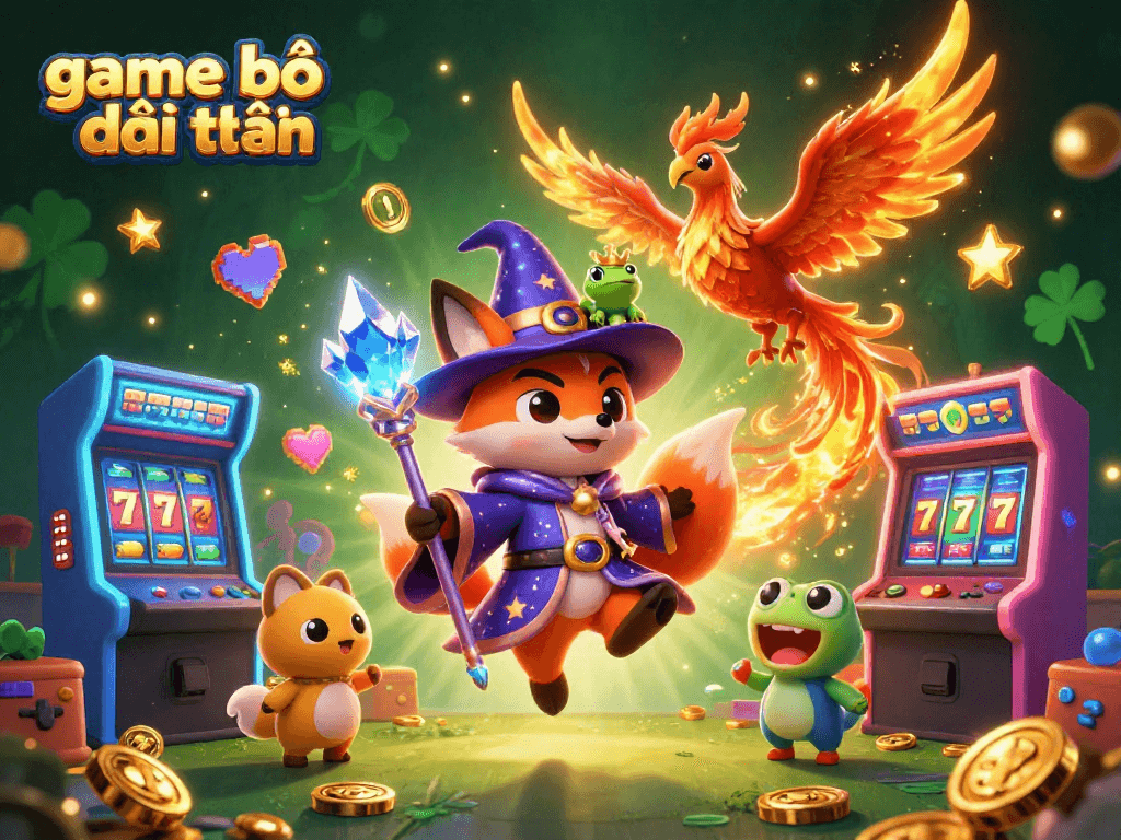Engaging scene of game bài đổi thưởng featuring a mystical wizard fox, phoenix, and 3D arcade elements.