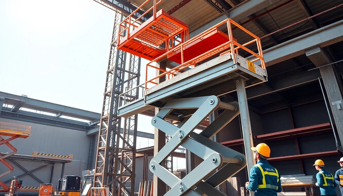 Scissor lift elevating workers safely on a construction site with equipment around.