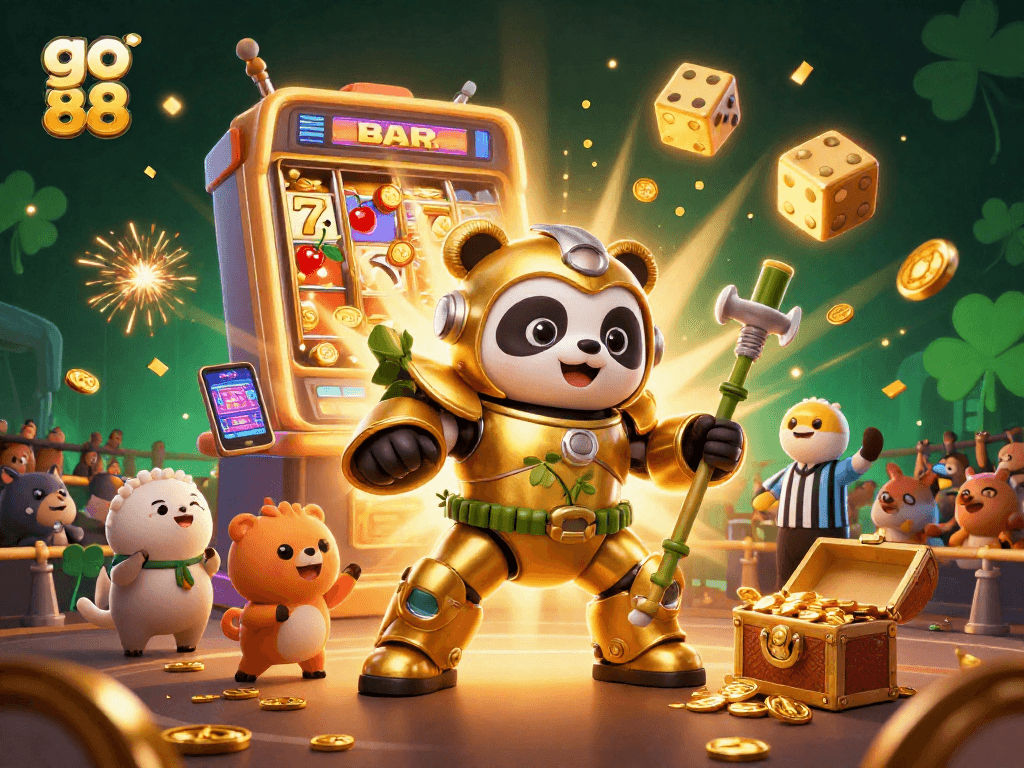 Experience thrilling wins at go 88 with a dynamic 3D casino scene featuring vibrant gaming elements.