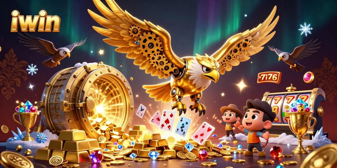 iwin challenges luck with a 3D cybernetic golden eagle diving through slot machine excitement.