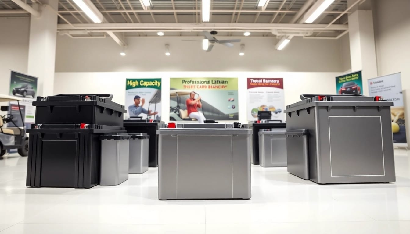 Lithium golf cart batteries showcased in a modern showroom highlighting advanced technology and sleek designs.