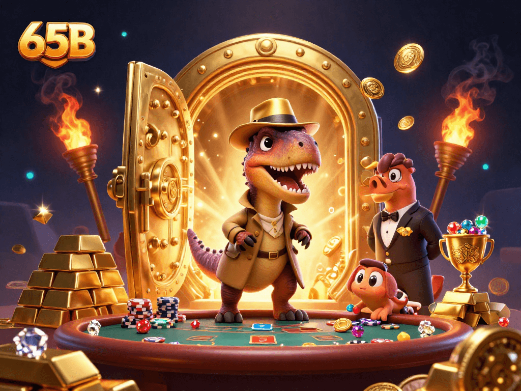 Ilustração 3D de um velociraptor no jogo de blackjack no estilo 65B, cercado por tesouros e diversão