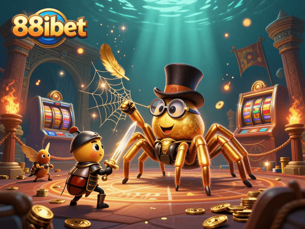 Experience the thrill of 88ibet's gaming arena with a giant golden tarantula and beetle knight in this captivating illustration.