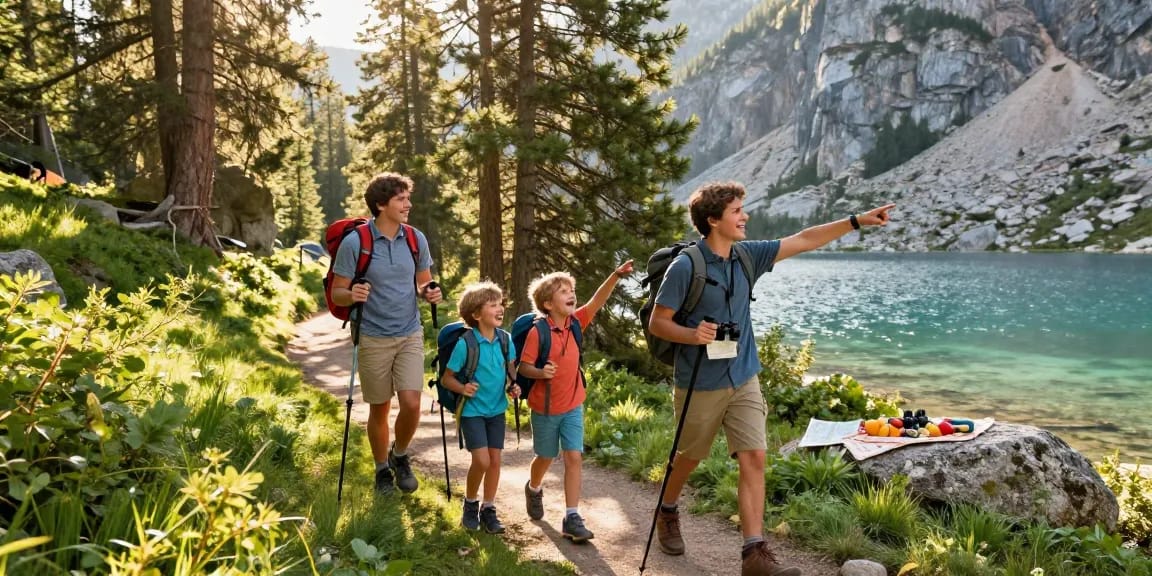 A joyful family hiking in the mountains, showcasing thatmountainlife.com spirit of adventure and exploration.