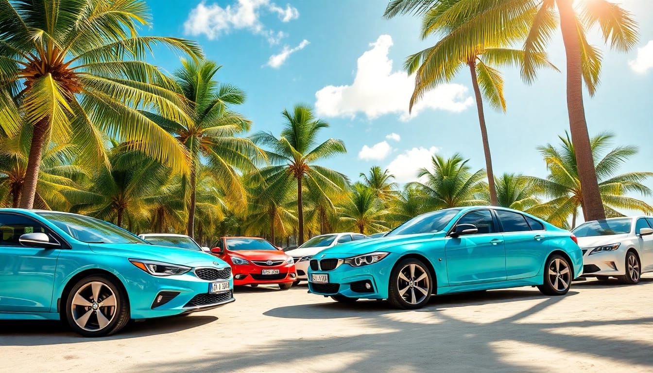 Experience car rental st barth with vibrant cars amidst tropical island scenery.