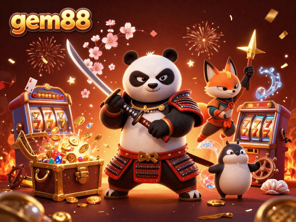 Experience thrilling gameplay with gem88 in a vibrant 3D casino illustration featuring samurai and fox characters.