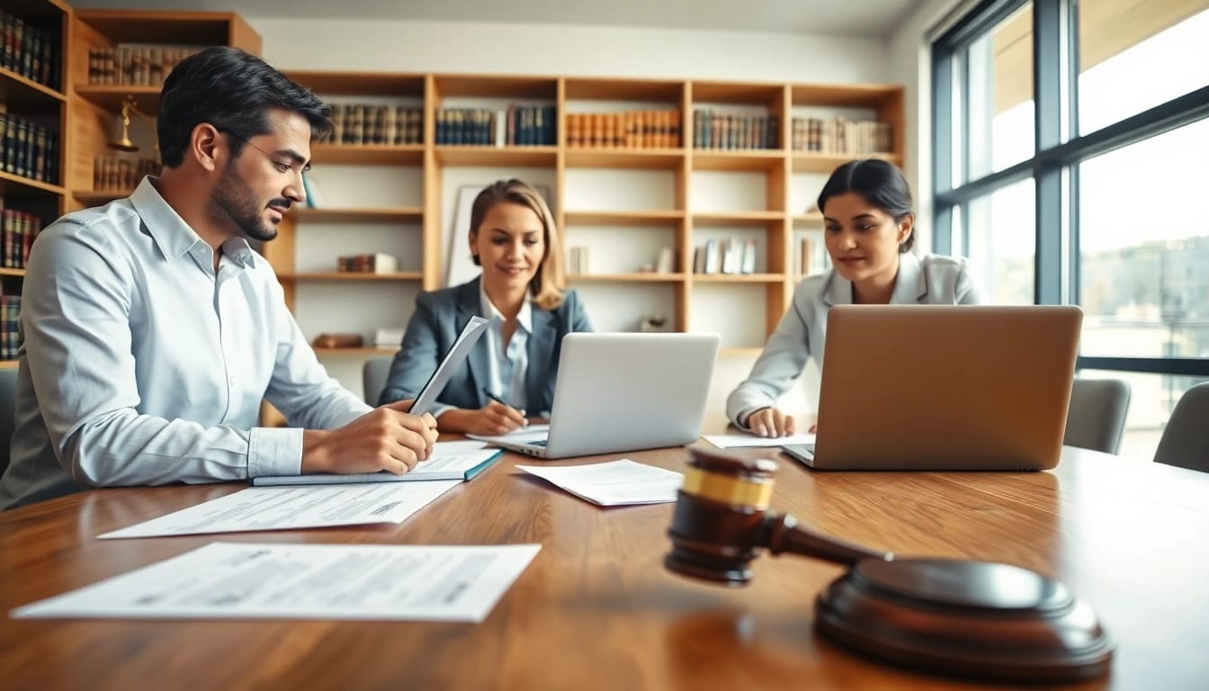 Collaborative legal team analyzing a merchant cash advance lawsuit in a bright office.