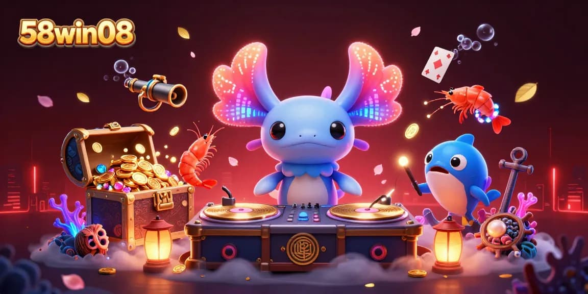 Experience the excitement of 58win08 with vibrant underwater characters and dynamic casino-themed elements.