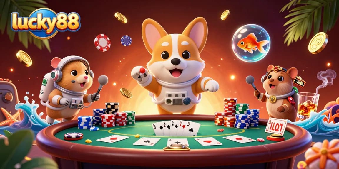 Engage with lucky88 in a vibrant space casino scene featuring an astronaut corgi, captivating game elements, and colorful poker details.
