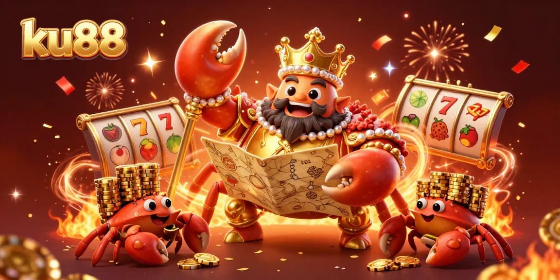 ku88 illustrates a golden crab emperor amidst vibrant gaming elements, celebrating casino excitement.
