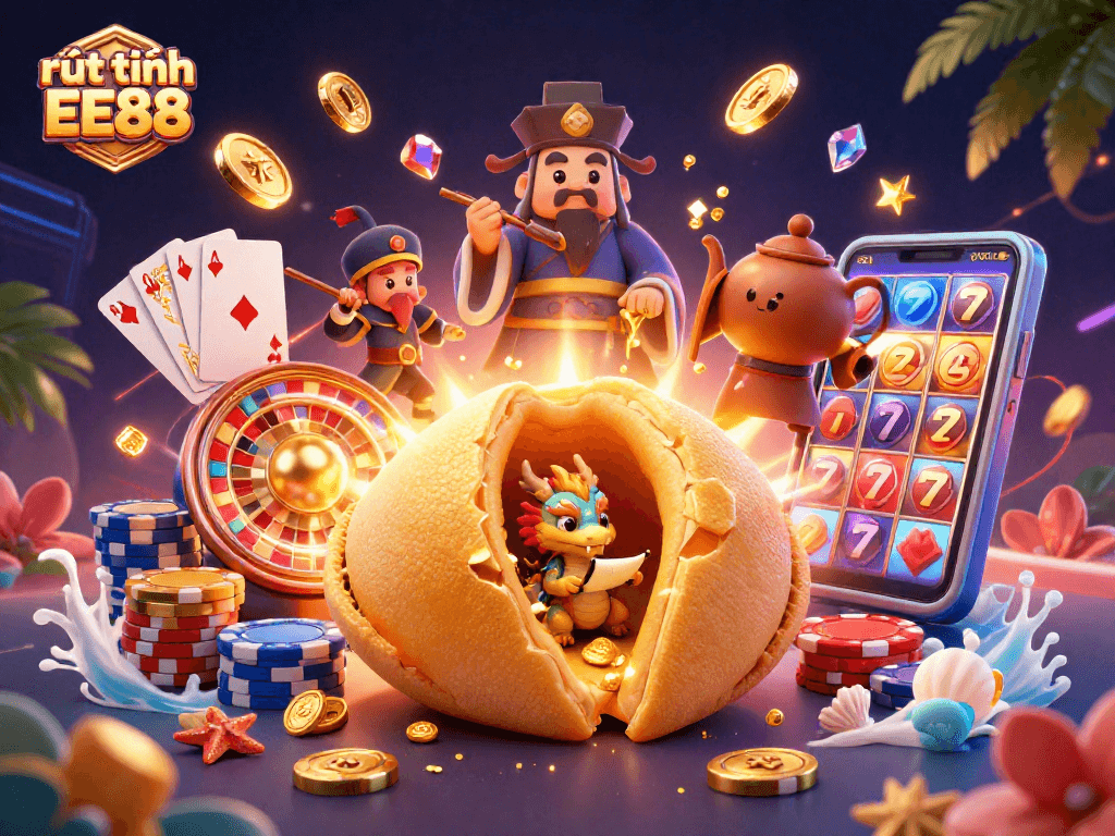 Engage in exciting gameplay and rút tiền EE88 with a vivid scene of casino characters and dynamic elements.