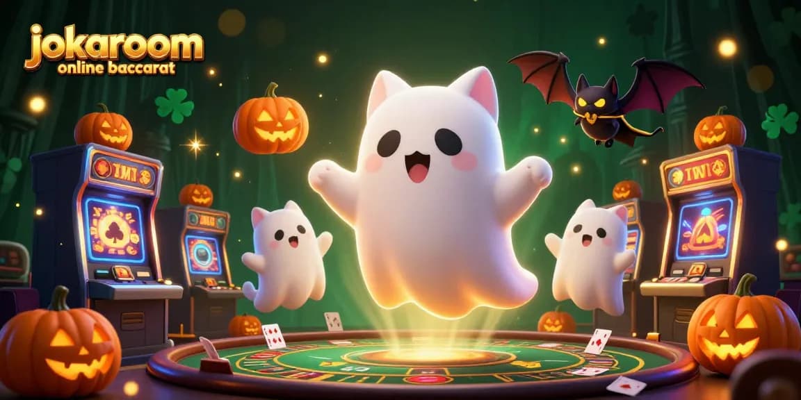 Engage with jokaroom online baccarat as a friendly ghost cat and bat explore a haunted casino scene.
