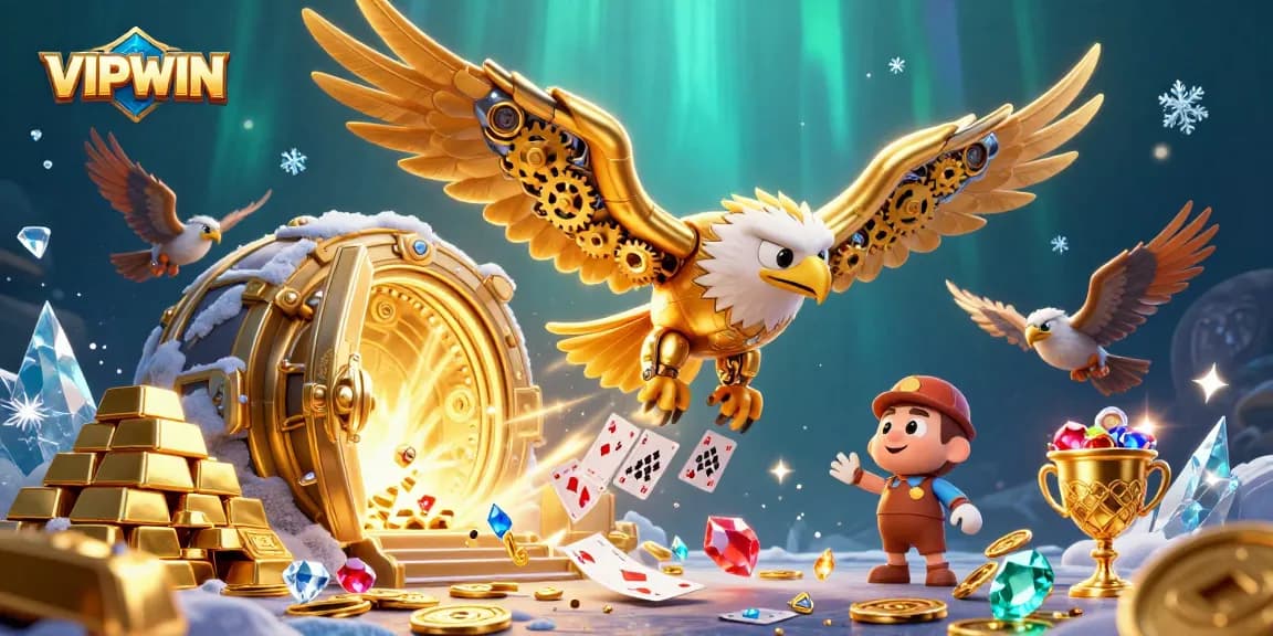 Experience the thrill of VIPWIN with a golden eagle soaring through holographic cards and treasure riches.