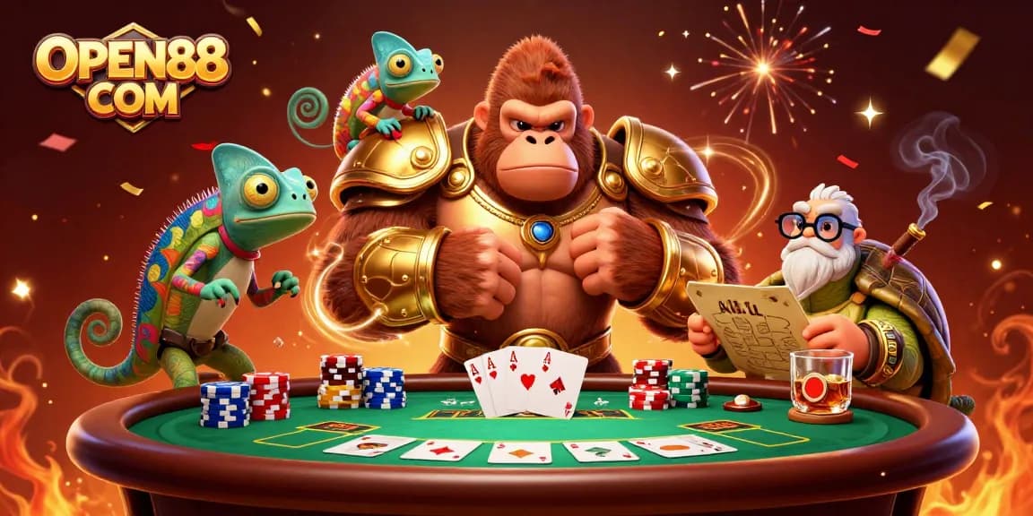 Win big at OPEN88 COM with exciting poker game elements in a vibrant casino-themed illustration.