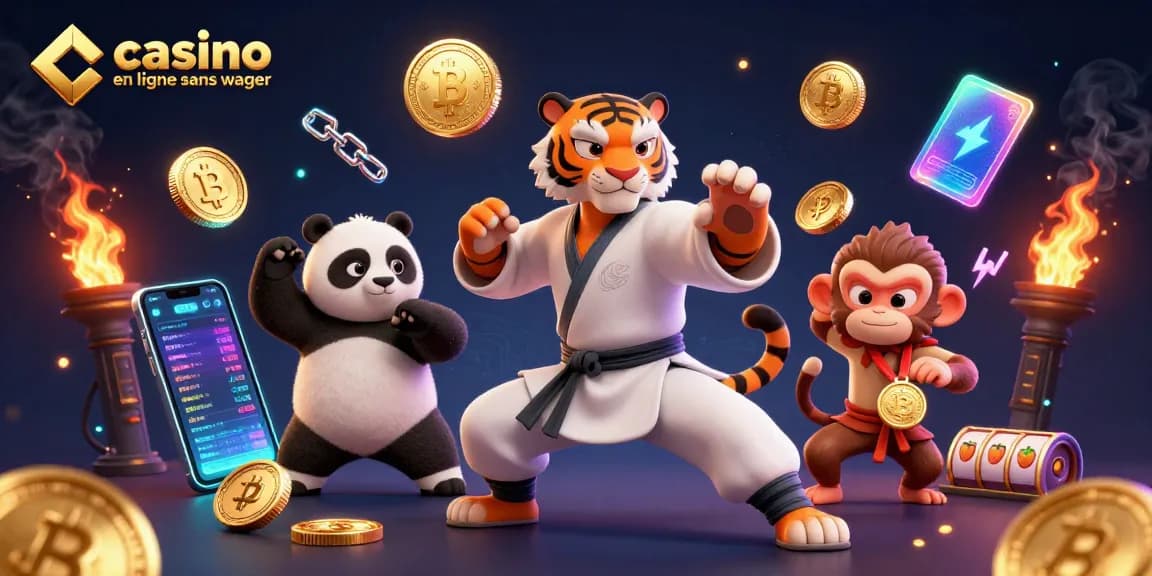 Illustration dynamique de casino en ligne sans wager avec un tigre maître en kung-fu, un panda disciple et un singe espiègle volent une médaille.