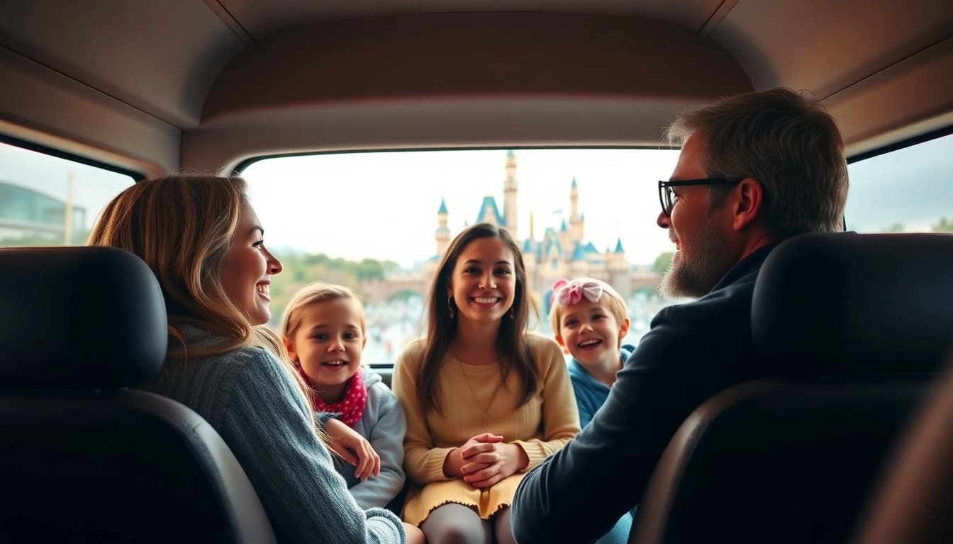Family traveling from Disneyland Paris to airport in a cheerful shuttle setting.
