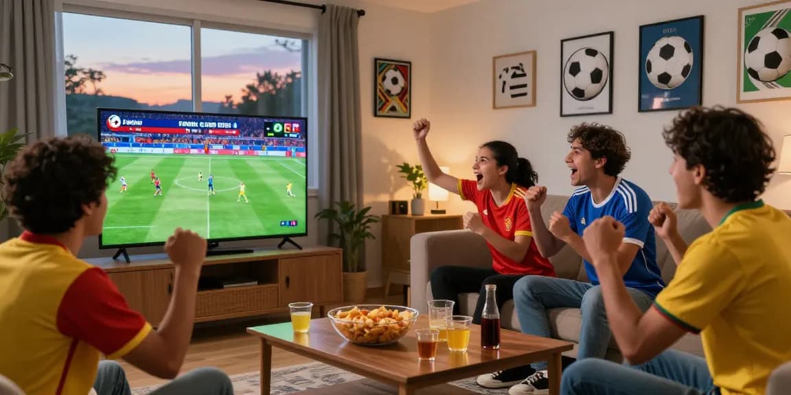 Menonton Piala Dunia FIFA 2026 di SBO TATA4D dengan teman-teman, suasana penuh semangat.