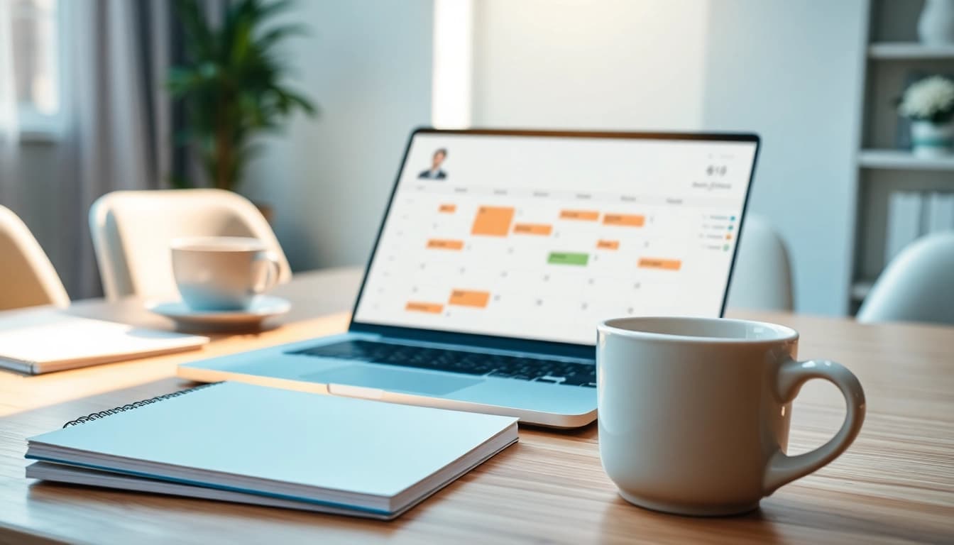 Utilize the never miss a meeting scheduling tool on a sleek laptop in an inviting workspace.
