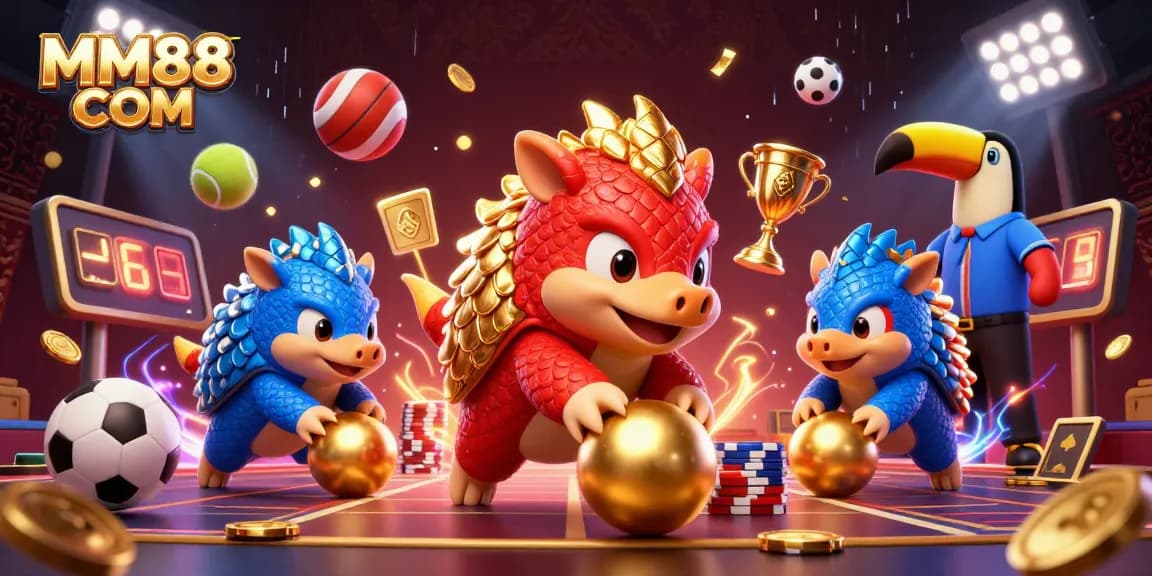 Engage in thrilling gameplay at MM88 COM with pangolins in action amidst vibrant casino elements.