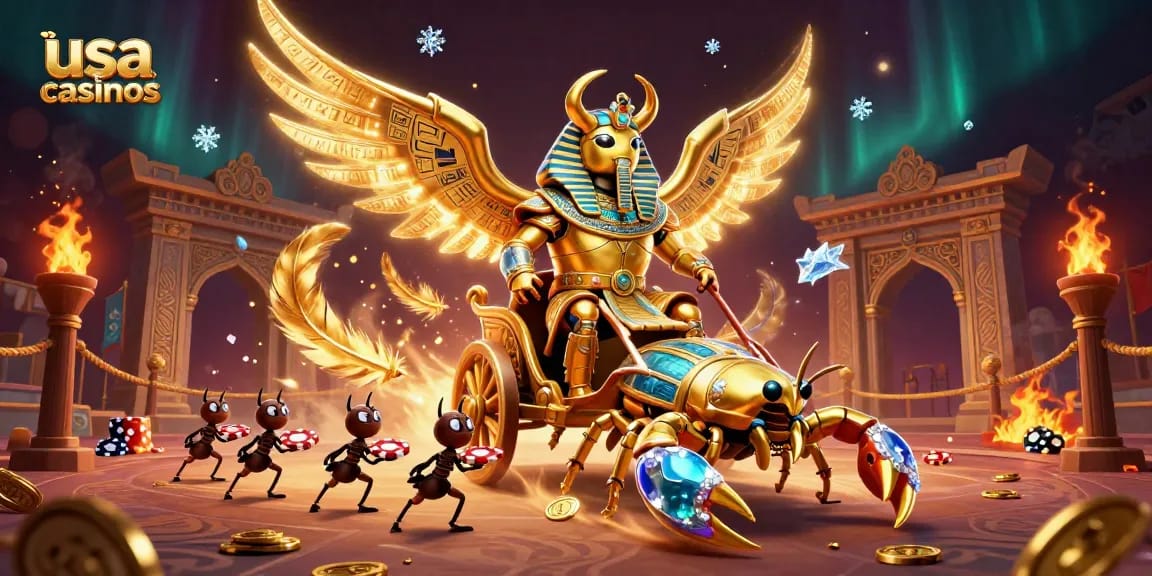 Experience the excitement at usa casinos with a golden scarab beetle in pharaoh armor surrounded by vibrant gambling elements.