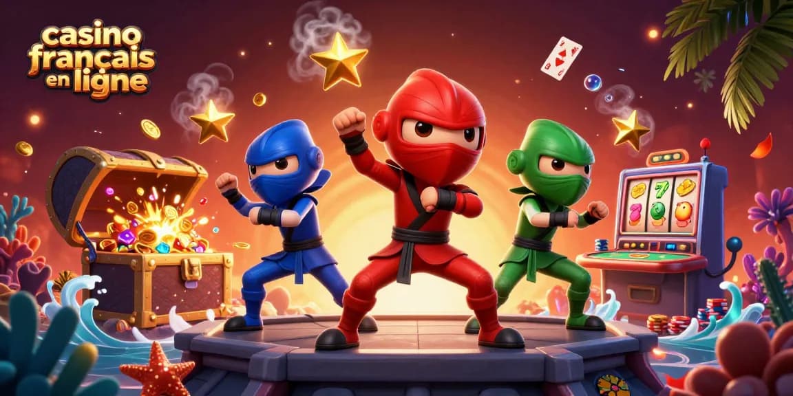 Illustration dynamique de casino français en ligne avec des ninjas et des éléments de jeu.