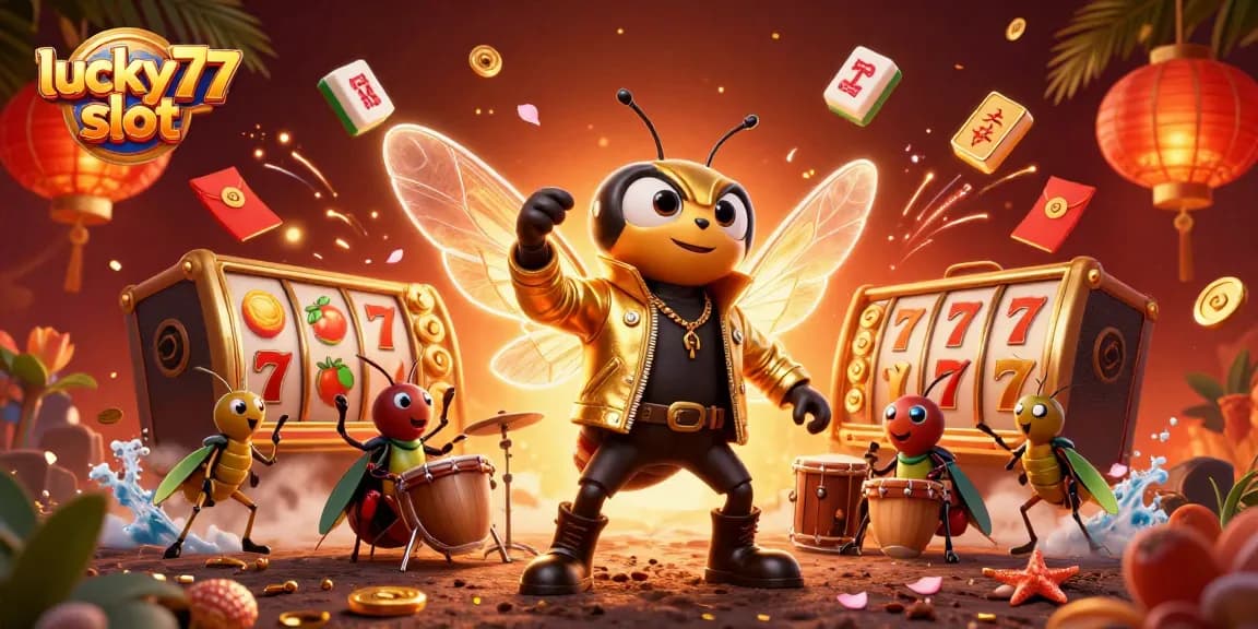 Spin the lucky77 slot reels with vibrant characters amid festive casino elements.