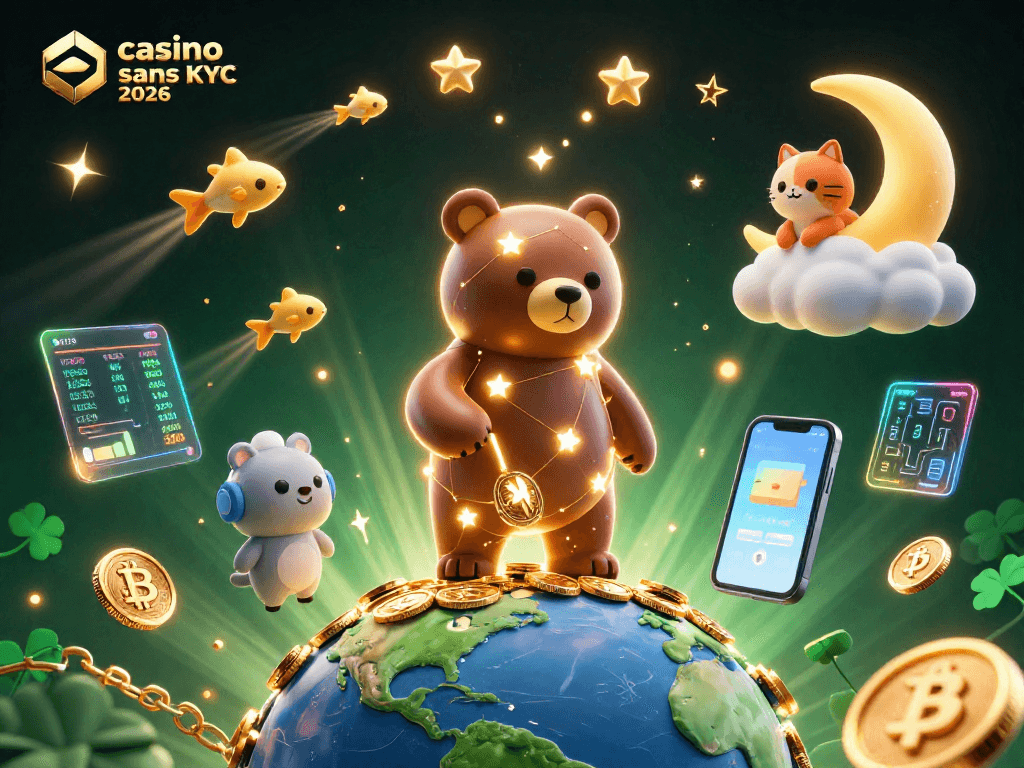 Profitez d'une illustration captivante de casino crypto sans KYC 2026 avec un ours céleste et des éléments de jeu animés.