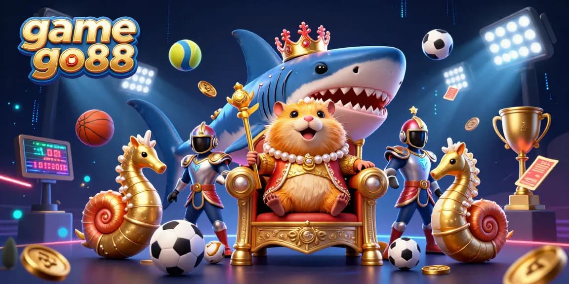 Engage with game go88 through a vibrant 3D scene featuring a hamster king and dynamic sports elements.