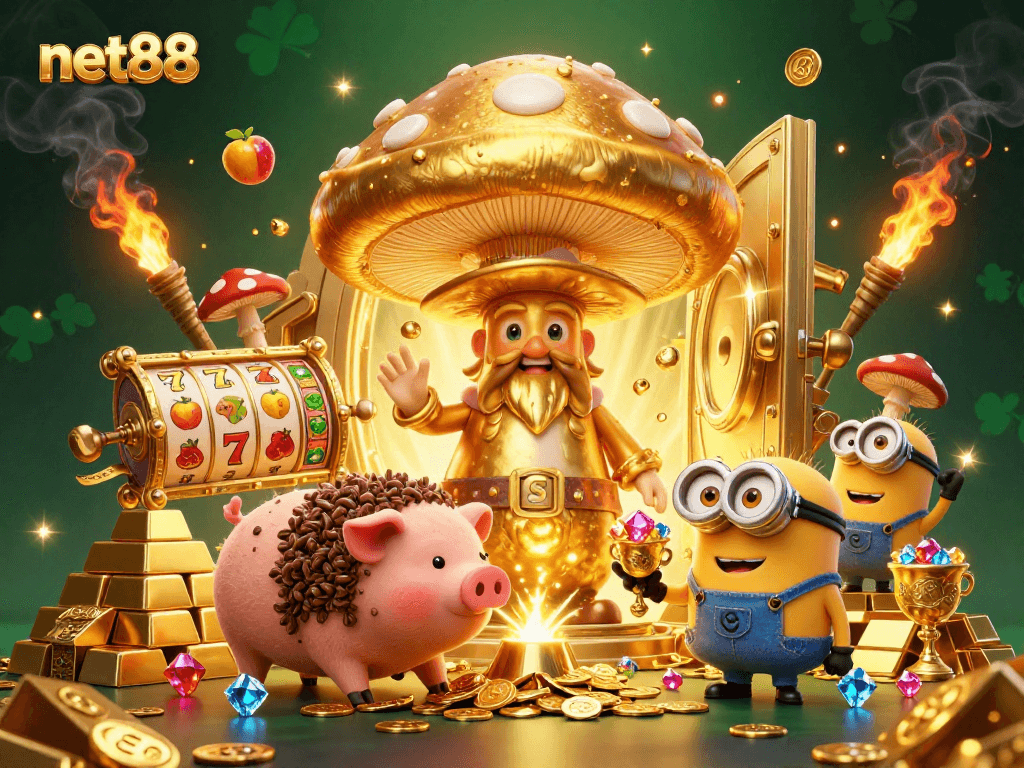 Experience net88 slots magic with vibrant golden wizard, treasure pig, and gemstone minions.