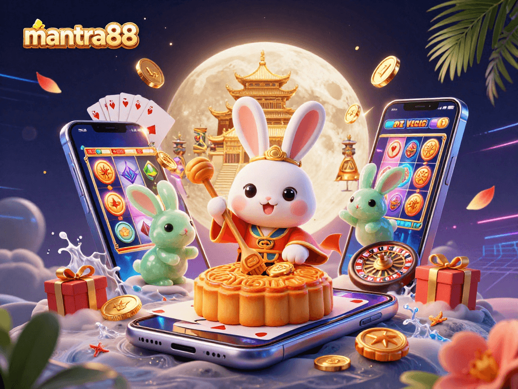 Celebrate luck and wins with mantra88, a playful lunar scene featuring a moon rabbit and poker chips.