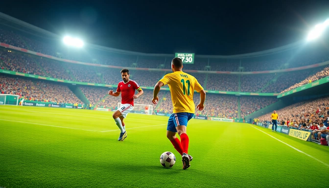 Tampilkan Jadwal piala dunia melalui aksi pemain sepak bola di stadion yang ramai.