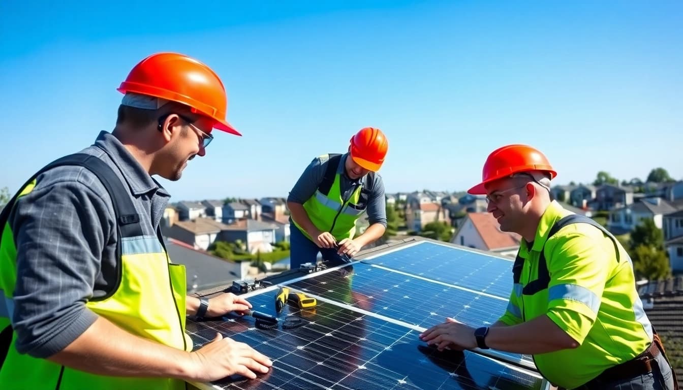 Expert technicians from the solar repair company New Jersey inspecting solar panels on a rooftop.