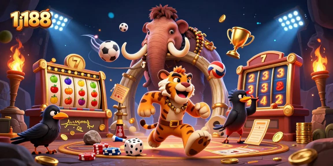 Play thrilling games at 1j188, a vibrant casino amid lively characters and rich graphics.