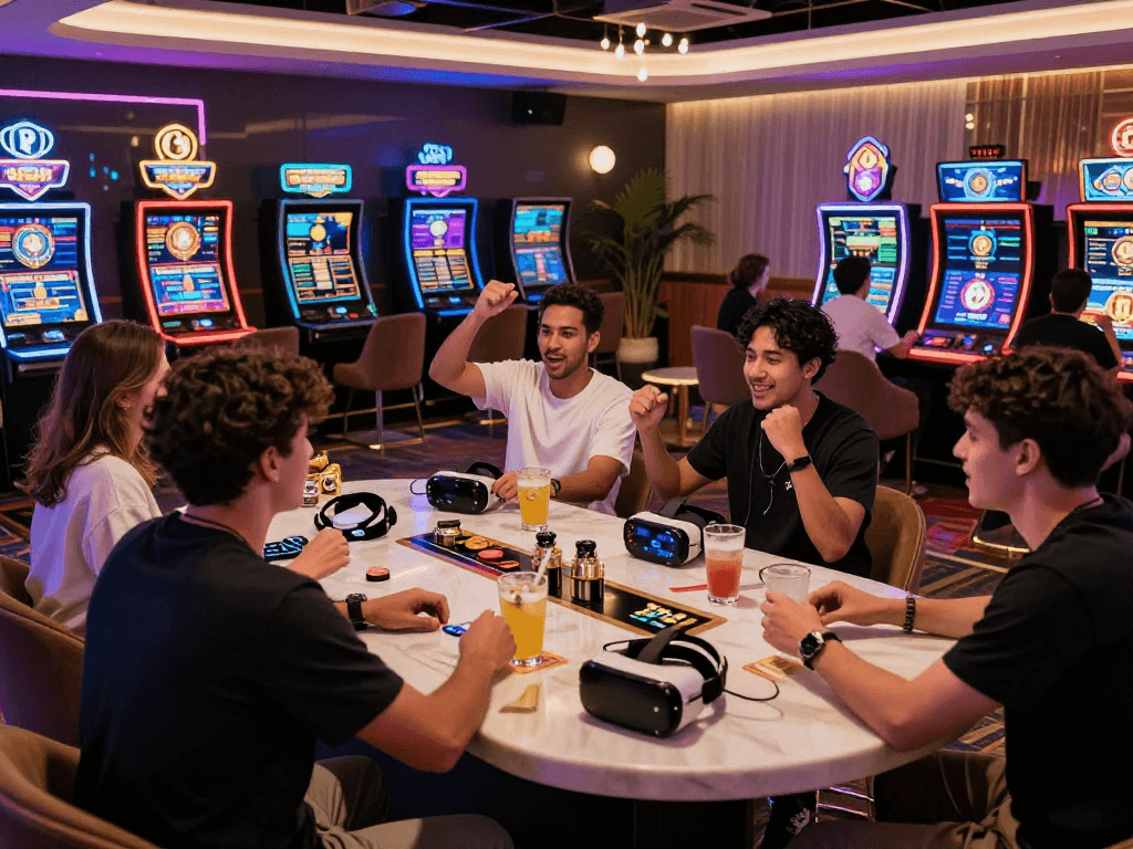 Dynamic crypto casino gaming scene showcasing friends immersed in high-tech gaming and cryptocurrency excitement.