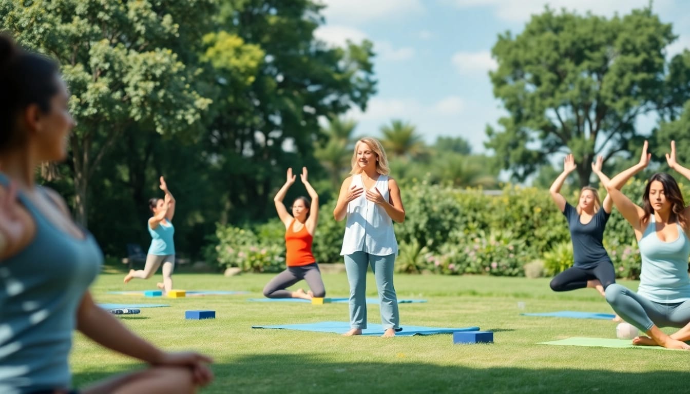 Engaging group yoga session promoting a Healthy Life in a tranquil outdoor setting.