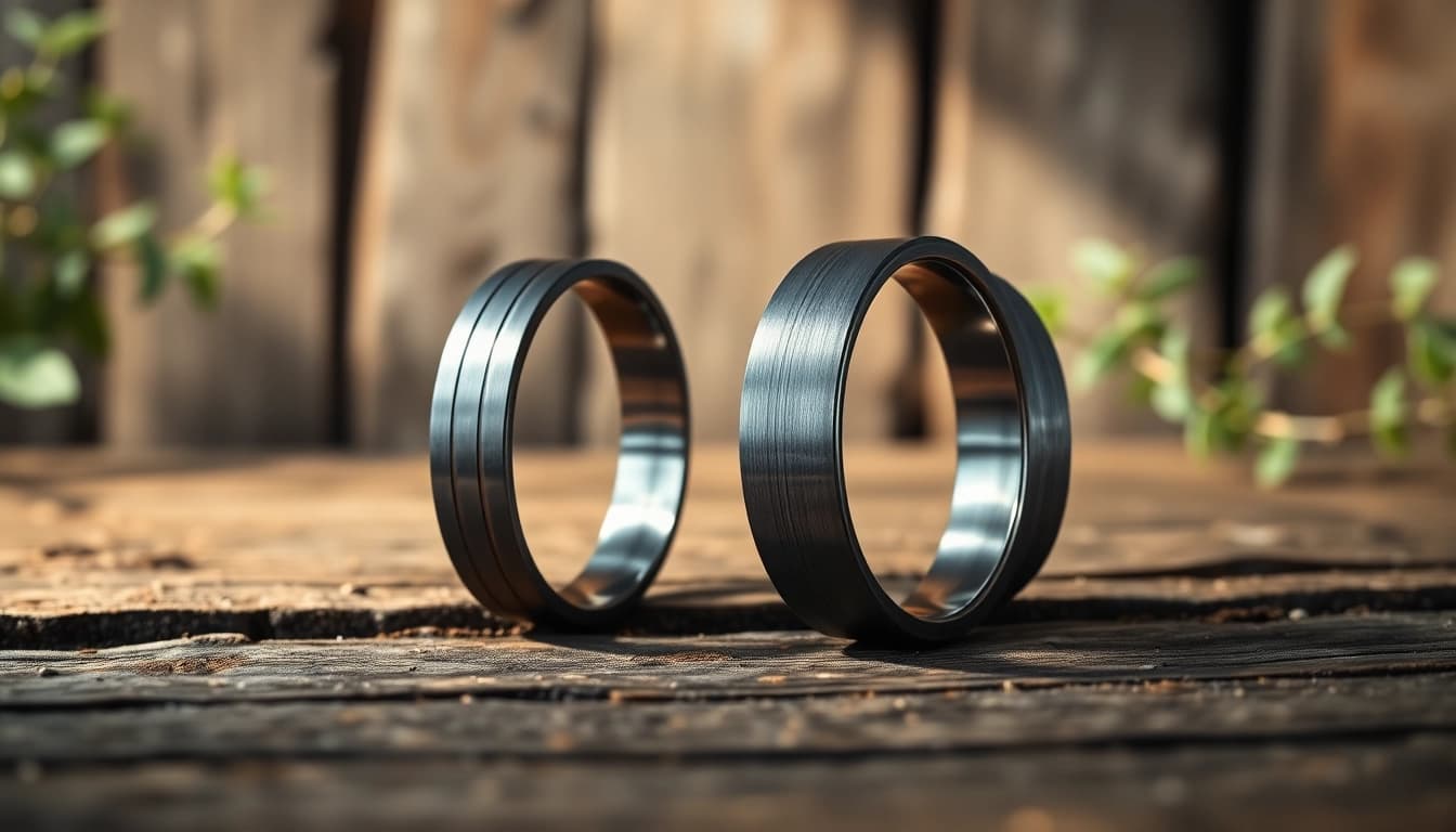 Showcase of Gunmetal Wedding Bands for Men featuring brushed finishes and modern designs.