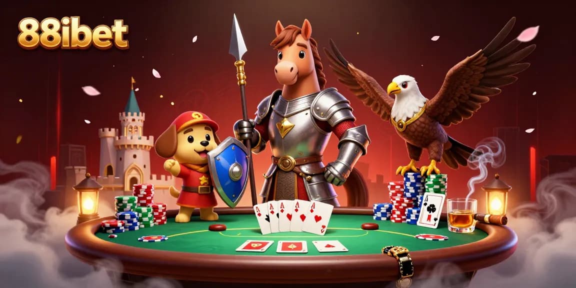 Experience exciting poker gameplay at 88ibet with a knight, squire, and falcon in a vibrant 3D scene.