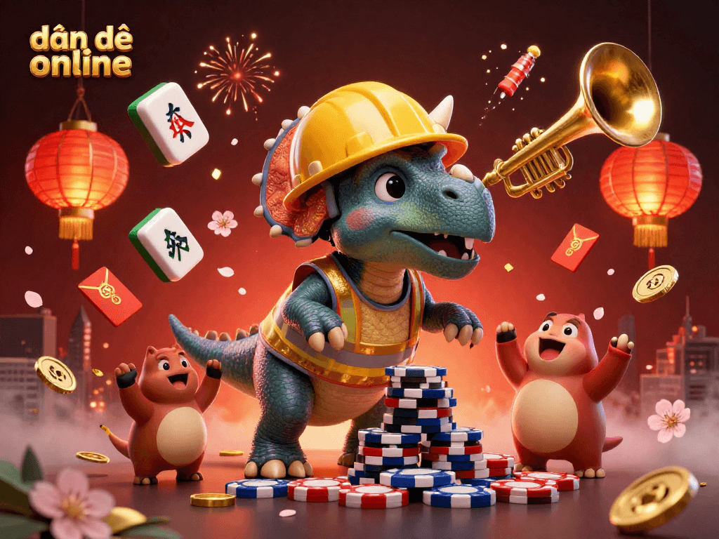 Engage in đánh đề online with a vibrant 3D illustration celebrating poker chip creativity and festive elements.