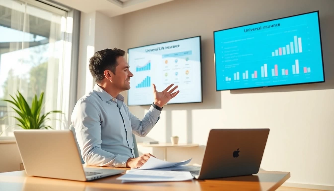 Financial advisor explaining Universal life insurance explained with digital charts in a bright office.
