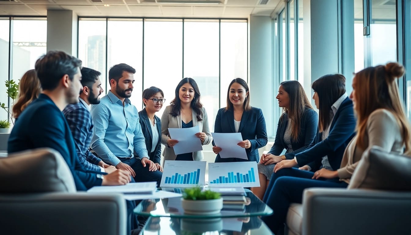 Collaboration among recruiting agencies professionals in a bright office environment with data visuals.